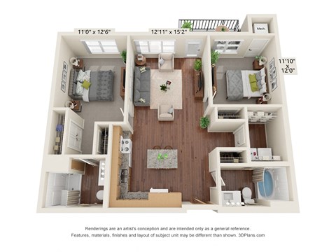 Floor plan for 2 beds, 2 baths, 1050 sqft